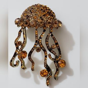 Jellyfish brooch BIG rhinestones Beautiful sea beach jewelry summer Amber brown